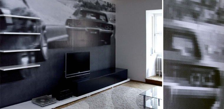černobílá designová tapeta na míru pro soukromý byt - autohonička